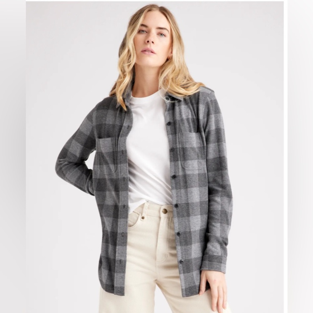 Quince stretch fleece shirt, charcoal buffalo check, size S